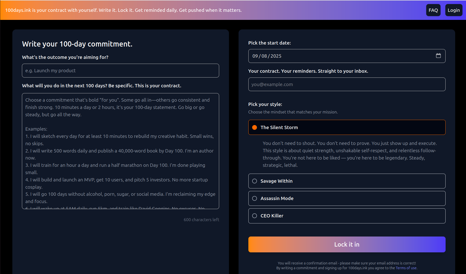 100Days.ink landing page