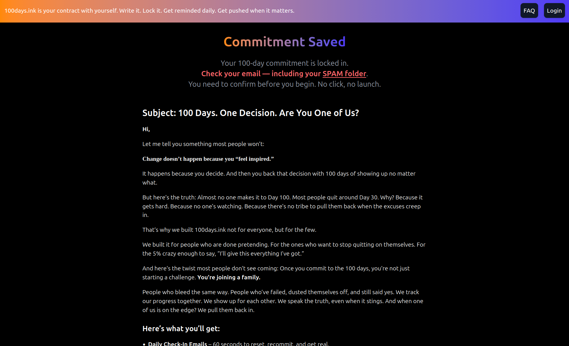 100Days.ink registration page with spam folder notice